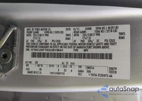 2016 Ford Escape S из США, поврежденный, VIN 1FMCU0F70GUB19641